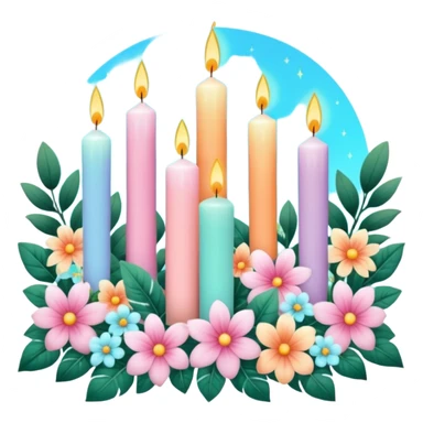 Aesthetic scenic romantic pastels beautiful gorgeous holy divine spiritual pretty elegant sparkly shiny scene of Candles, flowers, plants leaves, scenic aesthetic scenery sticker