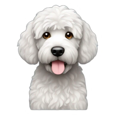 Black labradoodle with a white chest sticker