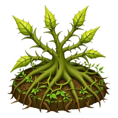 green vines with thorns sprouting from the ground, 3D, extremely detailed, earthy color palette, yellow green and brown tones, filigree inspired sticker