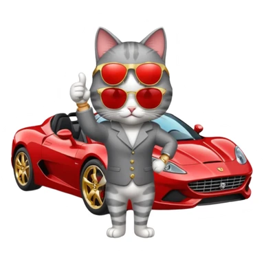 cat wearing sunglasses and a watch giving a thumbs up next to a fancy car sticker
