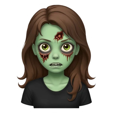 crie uma garotazoombie cabelo ondulado 2c longo castanho castanho comprido e blusa básica preta sem nada com pele esverdeada com rosto fofo  sticker