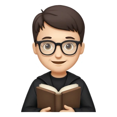 edgelord nerd, holding a book, wearing dark clothes and glasses, mischievous smirk, fun emoji style sticker