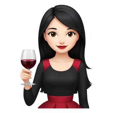 Juni – Cewe ramah  Kulit putih bersih, rambut hitam panjang sleek lurus. Pakai peplum item .  tatapan percaya diri senyum. setengah badan makeupnya bold pegang wine sticker