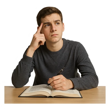 realistic style student thinking about a question, thoughtful facial expression, sitting at desk with book and pen sticker