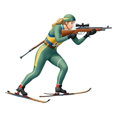 An icon featuring snow-covered trees, distant mountains, and a clear blue sky with a biathlete in motion, holding a rifle and skiing across a snowy course. Transparent background highlights the precision, endurance, and excitement of biathlon. sticker