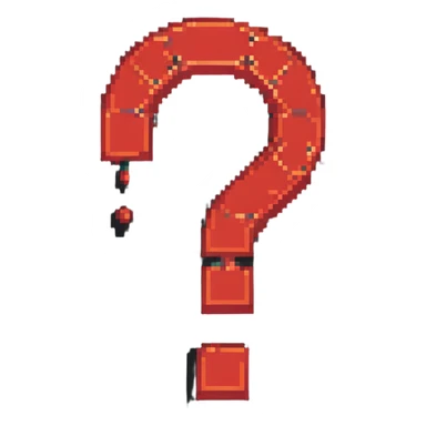 Large red question mark symbol on black background, pixelated sticker
