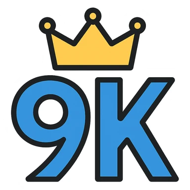 the text '9k' in a strong font with a gold crown on top, clean and simple sticker