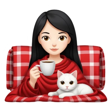 Beyaz kedi siyah saclı bayan elinde kahve ve battaniyesi sticker