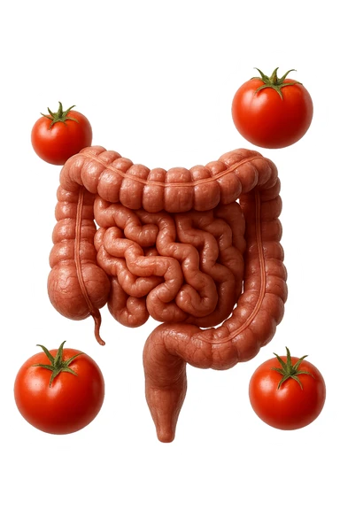 intestino umano anatomico con pomodori che gli fluttuano intorno, iperrealistico 4k sticker