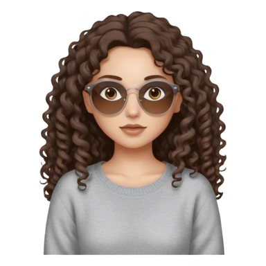 aesthetic white girl with dark brown, long curly hair, she wears a light grey sweater top and narrow round brown sun glasses and her eyes arent visible sticker