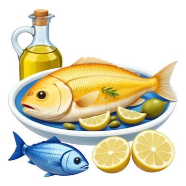 Mediterranean cuisine humanless avatar in clean emoji-style illustration. Olive oil, fish, lemon, blue and sunny colors, light and fresh mood, flat design, high contrast. sticker