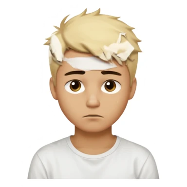 caramel skin color. Teen age. Short buzz, messy blonde hair, dark brown bushy eyebrows large expressive golden-brown eyes, brown skin color, scar over nose, wearing a plain white t-shirt. 20 year old male. thinking facial expression. caramel skin color.  sticker
