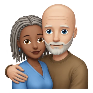 Tall bald white man with a short white beard and blue eyes in a lovingly embrace with a black woman with brown eyes and grey hair dreads sticker