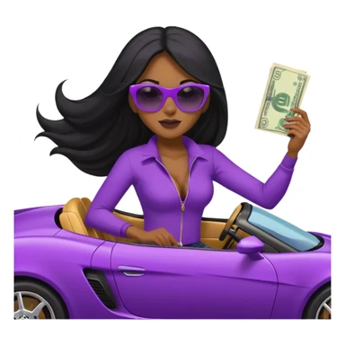 Black woman with long hair riding in a purple sports car with money falling sticker
