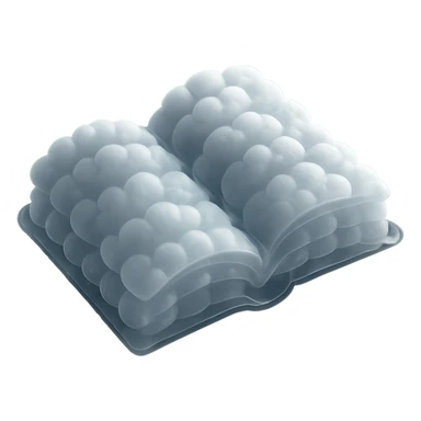 top view of a thick open book made entirely of small, very bright white fluffy convex clouds, matte glass style, emphasis on volume and airiness, no background sticker