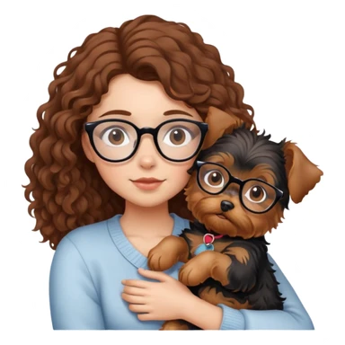 Girl with brown curly hair wearing glasses cuddling with a cute yorkie sticker