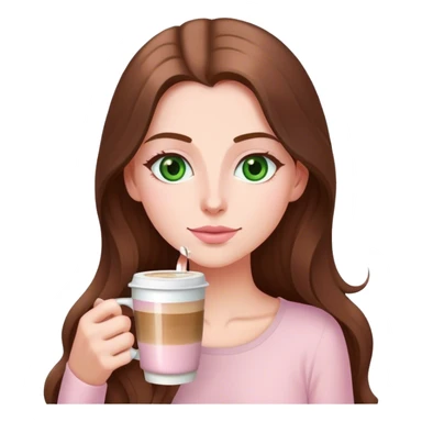 pretty woman with very long brown hair and green eyes and light pink outfit drinking a latte sticker