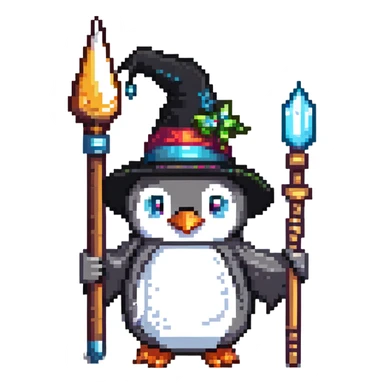 penguin wizard with a pointy hat and magic staff sticker