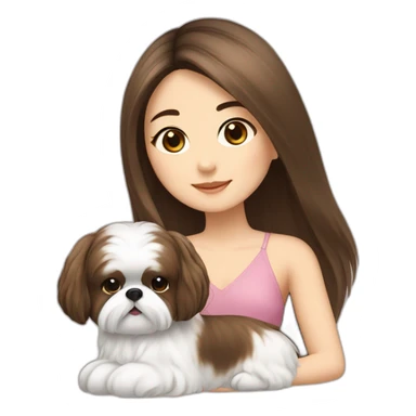 a asian girl in long brown hair sits with a white and brown shih tzu sticker