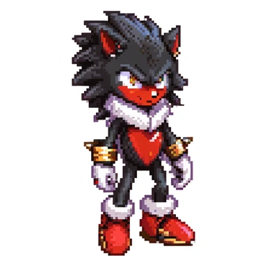Shadow the Hedgehog standing alone on a ruined highway at dusk, black fur with crimson highlights, piercing red eyes, sharp swept-back quills, white chest fur, sleek hover shoes glowing red, white gloves with gold rings, cold determined aura, cracked asphalt, flickering streetlights, distant skyline sticker