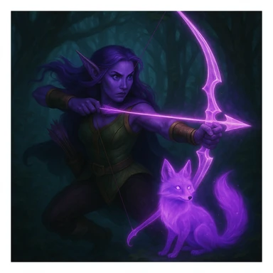 Add a magical pet companion, such as a glowing spirit fox or small dragon, beside the purple fantasy elf archer. Keep the fantasy theme and color harmony in a style consistent with the original image. sticker