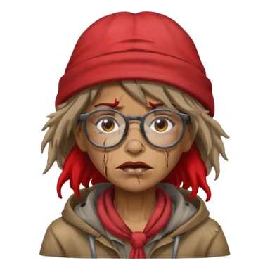 very dirty looking homeless woman with ripped red hat with ugly hair and glassess sticker