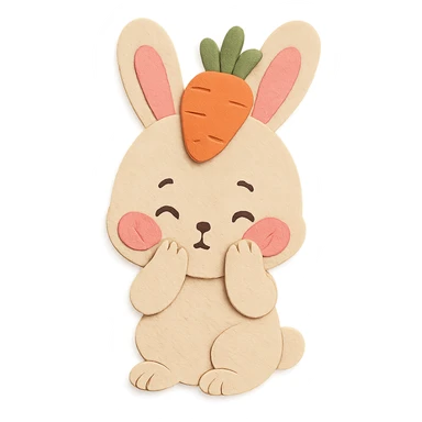 full-body beige bunny with carrot hat, blushing shyly, paws touching cheeks, bashful expression, pastel tones sticker