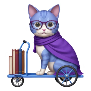 Purple and blue cat, with glasses and a shawl, pushing a 4 wheeled cart full of books sticker