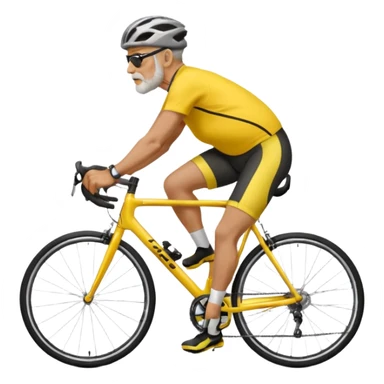emoji of a 60-year-old man, about 200 lbs, no beard, no eyeglasses, in loose cycling clothes, yellow and black top, straddling a grey road bike, graphic design, adding a background of a road in a neighborhood or highway sticker