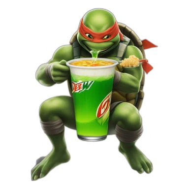Mountain Dew ninja turtles with soup, eating on a high-rise sticker