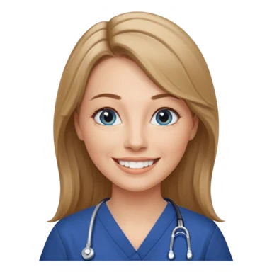 middle aged woman with grey eyes, long, straight light brown / dark blonde hair, grey-blue eyes, winged eyeliner, natural makeup, wearing navy blue scrub top, smiling with teeth showing sticker