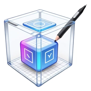 Create an emoji for 3D visualization and modeling. Show a 3D wireframe model or shape (e.g., a cube or sphere) with a design tool like a stylus or 3D rendering software interface. Use modern, professional colors. Do not include any emojis or smiley faces. Make the background transparent. sticker