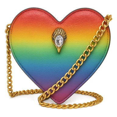 heart-shaped purse with vibrant rainbow ombre, inspired by Kurt Geiger, gold chain strap, sparkling jewel accent, stylish and upscale sticker