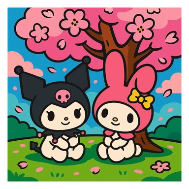 Kuromi and My Melody together, anime style, sitting under a cherry blossom tree, dreamy atmosphere sticker