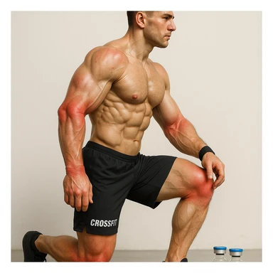 realistic anatomical side view of a crossfit athlete with swollen and reddened joints, prominent muscles, vials labeled 'Stanozololo' on the ground, natural light, light background sticker