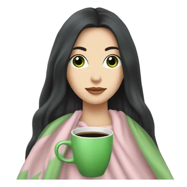A pretty white girl with very long black hair and green eyes in a light pink blanket sipping coffee sticker