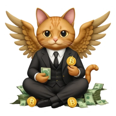cat wings mafia corleone sitting on money, bitcoin BTC on hand sticker