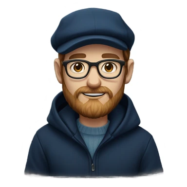 an irish guy with a black newsboy hat in color wearing a navy blue pull over hooded sweater thin frame glasses beard and sideburns blue eyes sticker