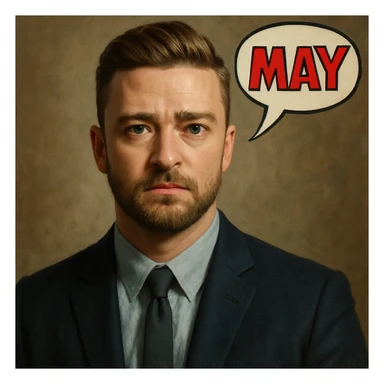 realistic digital painting of a Justin Timberlake lookalike with 'MAY' in a comic bubble sticker