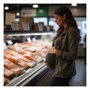 realistic pregnant woman in 4K approaching the fish counter and seeing a sign that says: 'Attention, consuming raw salmon may pose risks during pregnancy' sticker