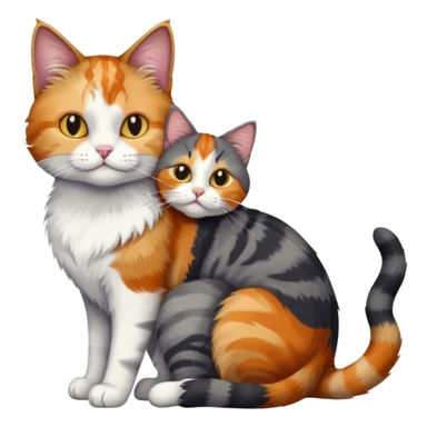 full body colourful light patched calico + white tabby cat cuddling a big dark grey and white tabby cat  sticker