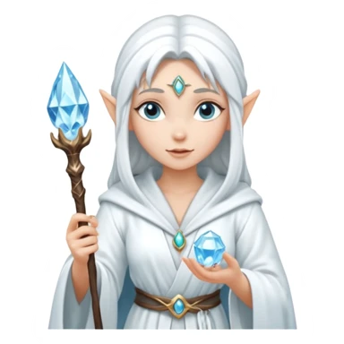 {
      "type": "human",
      "look": "snow elf sorceress, white robe, silver staff, ice gem top",
      "description": "a snow elf sorceress in a white robe with a silver staff topped by an ice gem"
    } sticker
