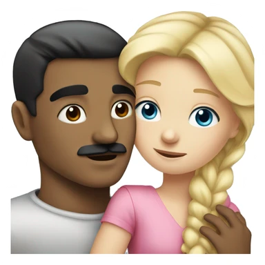 blonde blue eyed girl, hugging a man with black hair and black mustache sticker