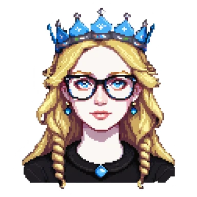 beautiful princess with blonde hair, bright blue eyes, wearing stylish glasses and a crown sticker