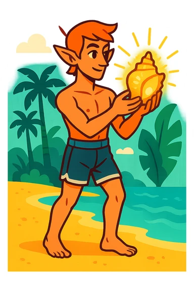 male elf in silver-trimmed swim shorts, holding glowing conch shell. Pointed ears, barefoot. Tropical vibe sticker