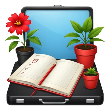 F U E R A    DE    O F I C I N A y detrás un escritorio moderno, con una notebook, una agenda y una planta con una flor sticker