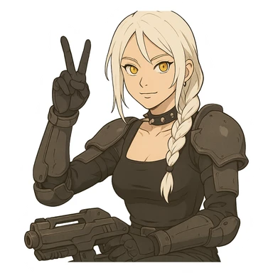  she is wearing armor, doing live-fire exercises at a safe and sanctioned training firing range with a maximum power blaster, except instead she's giving a victory salute, a closeup portrait of young woman with gold yellow eyes, white hair, long braid, black off-shoulder top d-cup, punk gothic style, futuristic cyberwave cyberpunk, sitting position
 sticker
