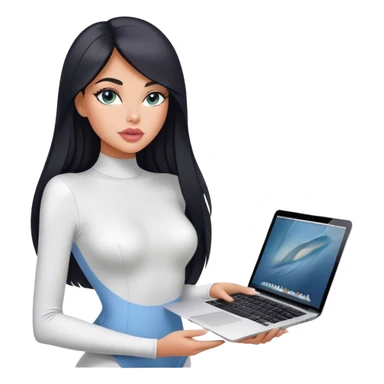 Glamours, tanned, very beautiful girl, with big pump peach-beige-rose lips, black straight smooth silky long hair, straight parting, blue-grey eyes, in white bodysuit holding MacBook sticker