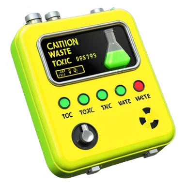 3D render of Geiger Counte, toxic waste aesthetic, neon green bubbling liquid, caution yellow metal, industrial warning texture. sticker