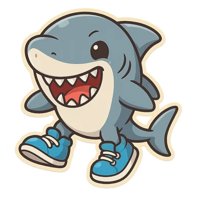 cartoon shark with bright blue sneakers, playful and bold sticker